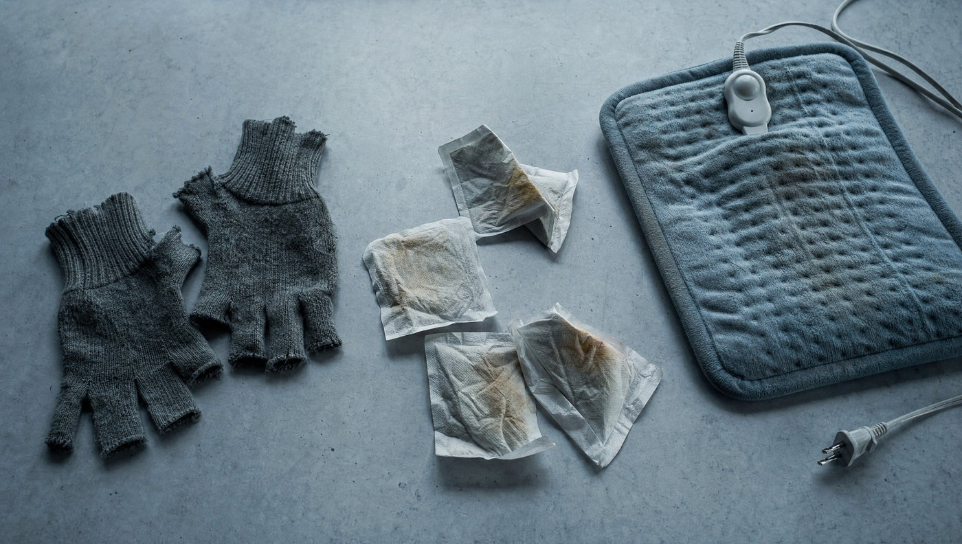 A blue grey scene of old warming attempts: gloves, used packets and a corded pad. No FuzzyPouch in this frame.