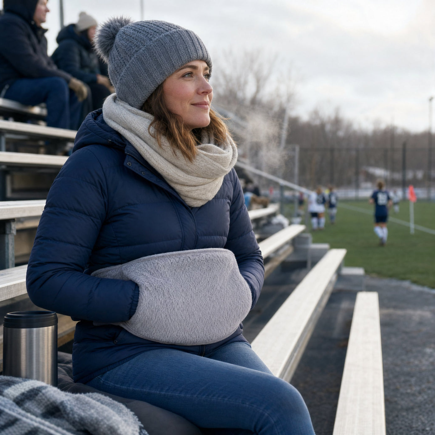 Bundled up on the sidelines of a morning game, hands tucked into the FuzzyPouch