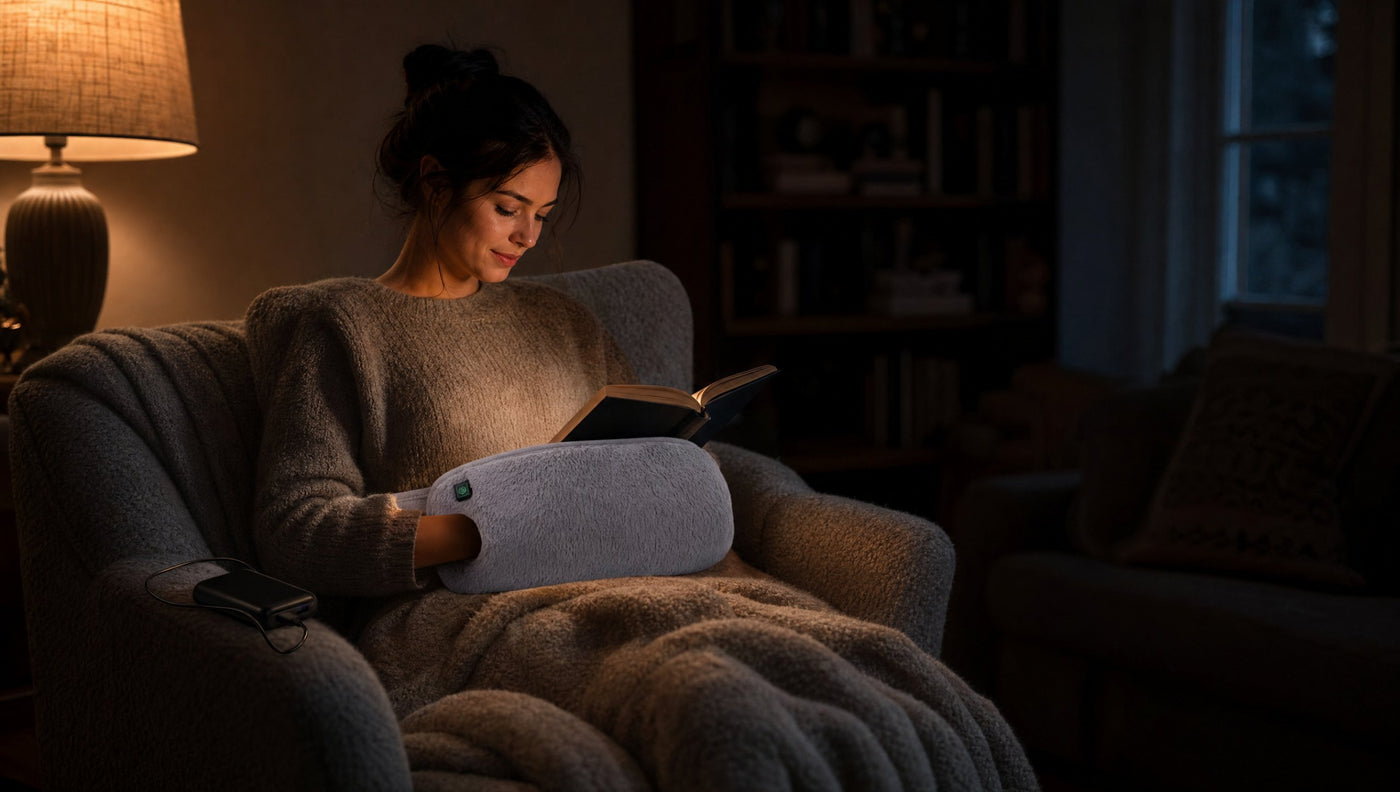 A dusk reading chair scene, lamp light, hands in the FuzzyPouch, a cable running to a visible power bank