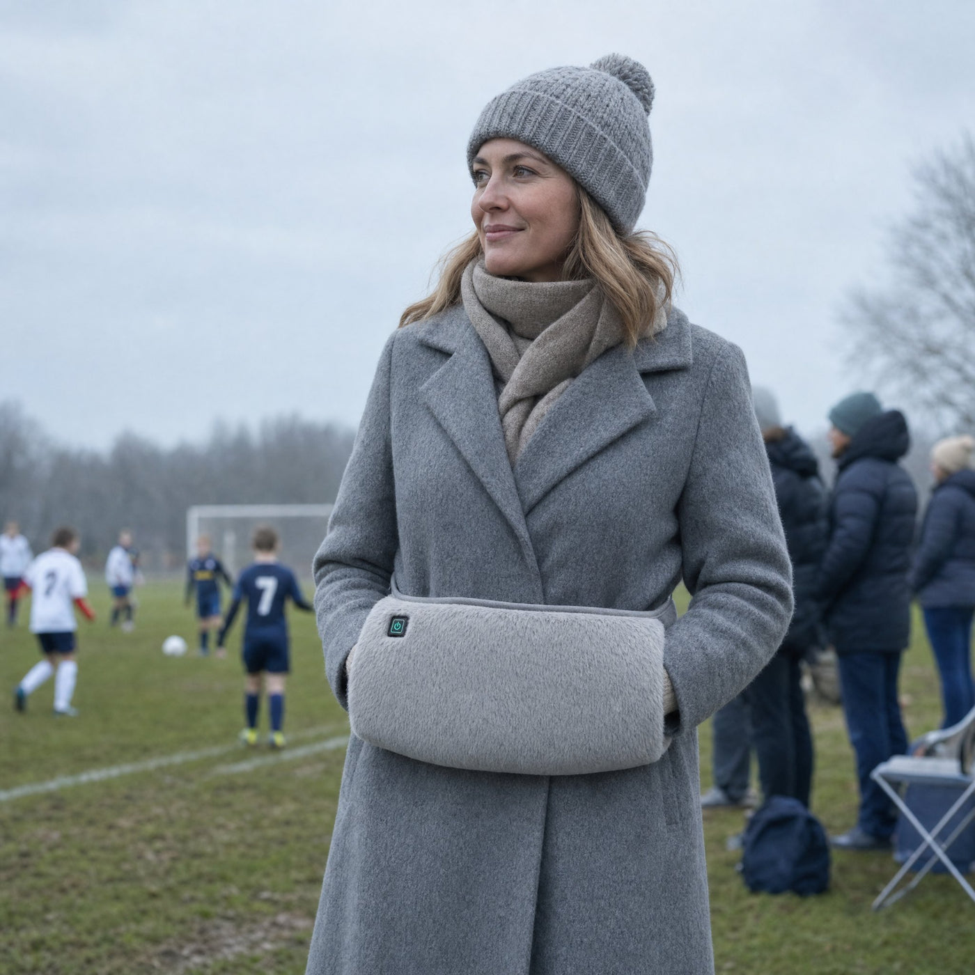 Wrapped up warm on cold outdoor bleachers